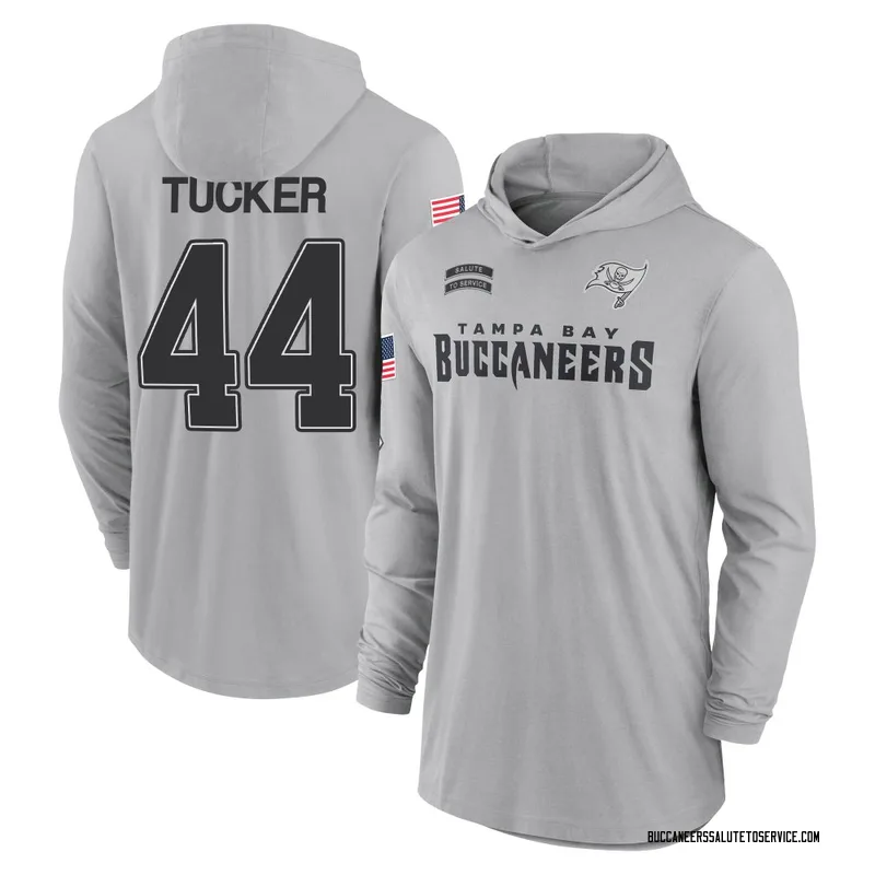 Men's Sean Tucker Tampa Bay Buccaneers Gray 2024 Salute to Service Lightweight Performance Long Sleeve Hooded T-Shirt