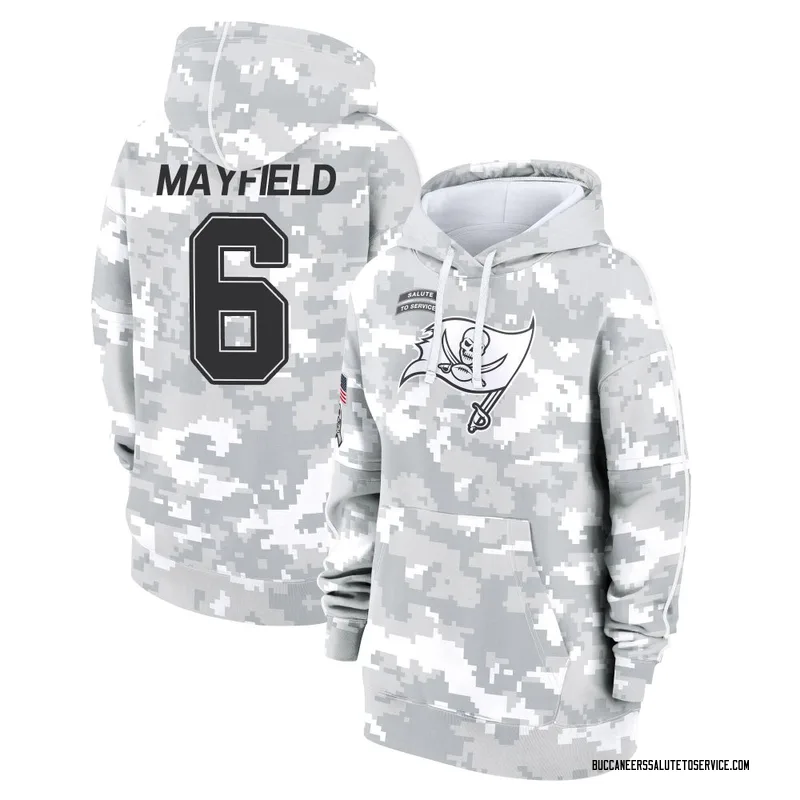 Women's Baker Mayfield Tampa Bay Buccaneers Camo Arctic 2024 Salute to Service Club Fleece Pullover Hoodie
