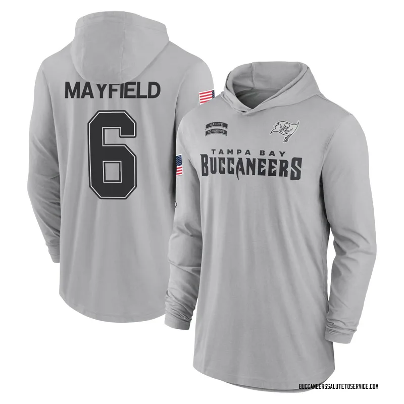 Youth Baker Mayfield Tampa Bay Buccaneers Gray 2024 Salute to Service Lightweight Performance Long Sleeve Hooded T-Shirt