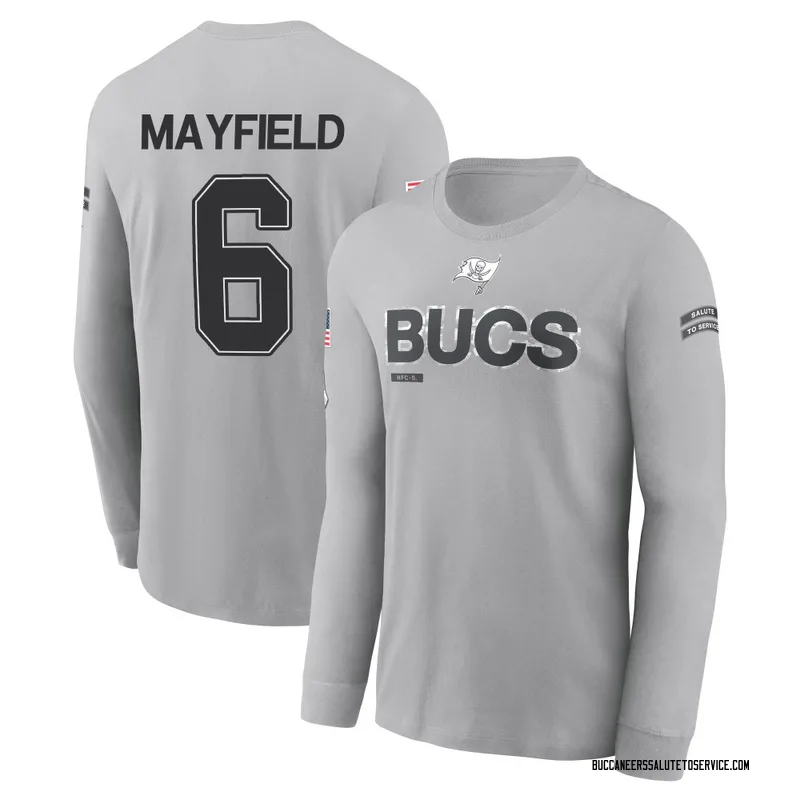 Youth Baker Mayfield Tampa Bay Buccaneers Gray 2024 Salute to Service Long Sleeve T-Shirt
