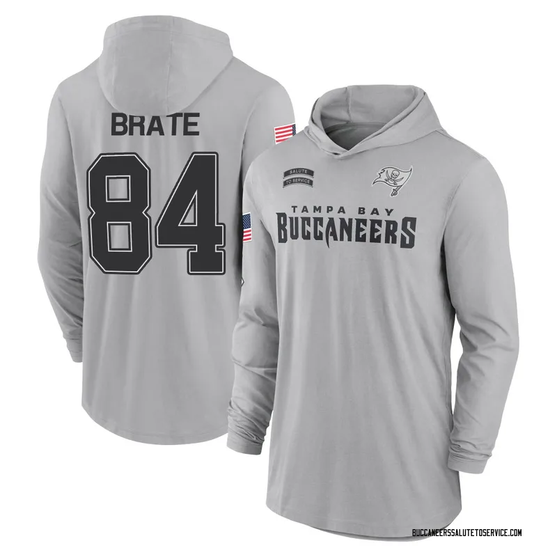 Youth Cameron Brate Tampa Bay Buccaneers Gray 2024 Salute to Service Lightweight Performance Long Sleeve Hooded T-Shirt